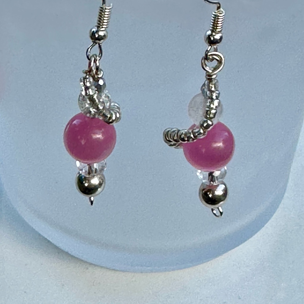 Pink And Silver Beaded Earrings